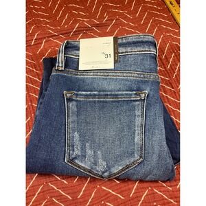 Kancan Distressed NEW High Rise Cropped Jeans Raw Hem Size 15/31 Blue Denim